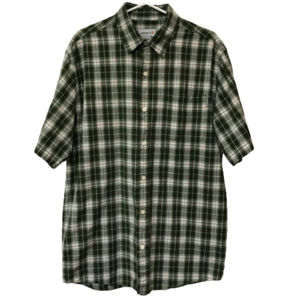 Carhartt Short Sleeve Plaid Button Down Shirt Mens Large L Green & White Loose